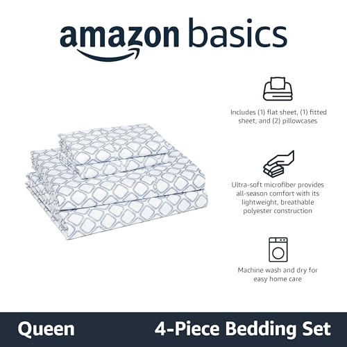 Amazon Basics Ultra-Soft Lightweight Microfiber 4-Piece Bed Sheet Set with Flat Sheet and Fitted Sheet, Polyester, Machine Wash, Queen, Aqua, Printed view 2