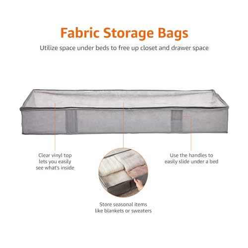 Amazon Basics Under Bed Fabric Zipper Blanket Storage Container Bags with Window and Handles, 2-Pack, 18 x 42 x 6 inches, Gray