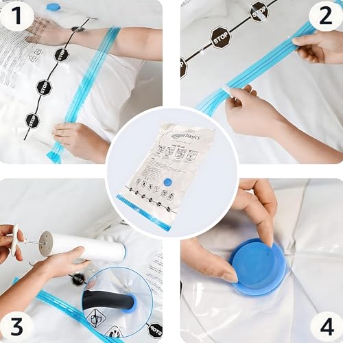 Amazon Basics Vacuum Compression Space Saving Storage Bags with Hand Pump for Clothes Packing, Pack of 15, Multiple Sizes, White