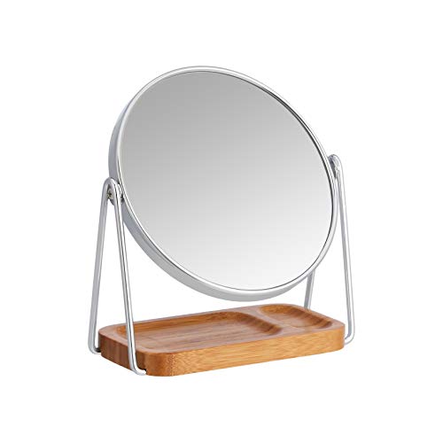 Amazon Basics Vanity Round Tabletop Mirror with 360° Rotation, Double Sided 1x/5x Magnification, Chrome Finish, Squared Bamboo Tray, 7.2"L x 3.35"W