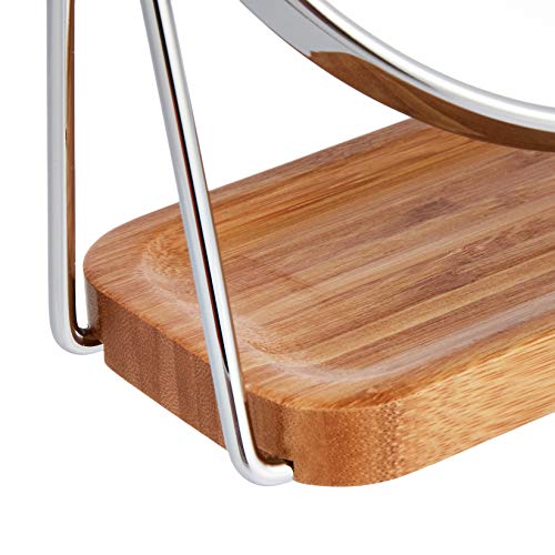 Amazon Basics Vanity Round Tabletop Mirror with 360° Rotation, Double Sided 1x/5x Magnification, Chrome Finish, Squared Bamboo Tray, 7.2"L x 3.35"W view 3