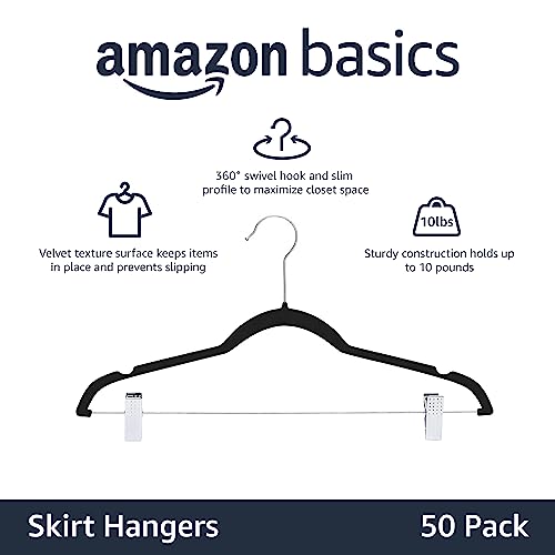 Amazon Basics Velvet, Non-Slip Skirt Clothes Hangers with Clips, Organize Pants and Skirts, Black/Silver, Pack of 50