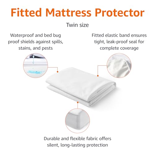 Amazon Basics Waterproof Mattress Protector, Fitted, Silent Protection, Twin, White view 2