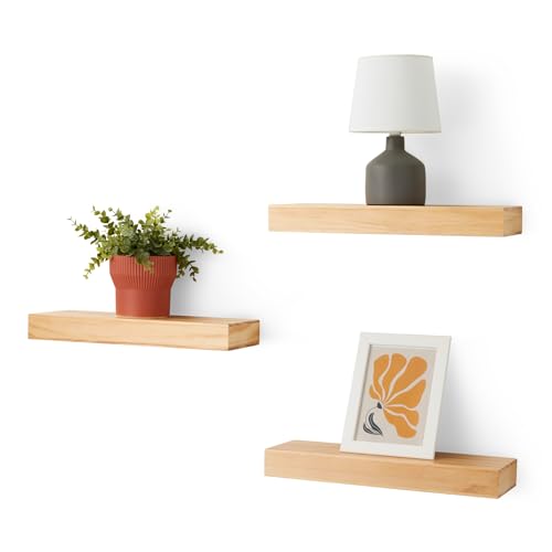 Amazon Basics Wood Floating Wall Shelves, 3-Pack, Pine, 15.8" x 5" x 1.8", Natural Wood Finish
