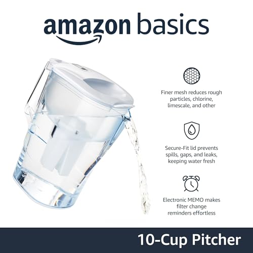 Amazon Basics 10-Cup Pitcher with Filter Compatible with Brita Water Filter Pitcher for Clean, Crisp Water, WQA and NSF Certified, Made in Europe