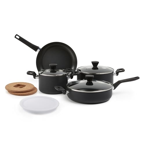 Amazon Basics 10 -Piece Hard Anodized Non-stick Stackable Cookware Pots and Pans Set, Space Saving, made without PFOA, Black