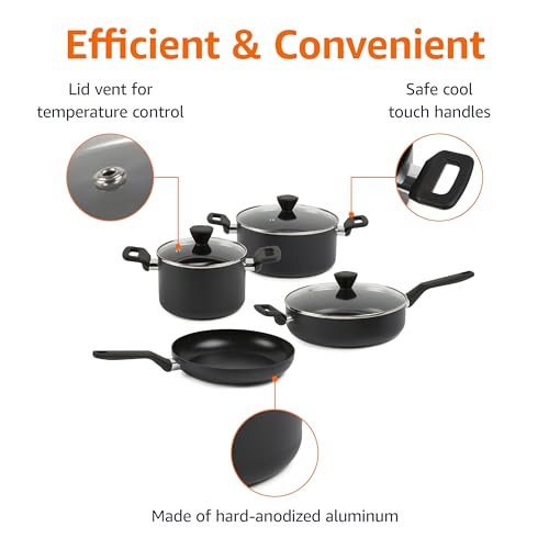 Amazon Basics 10 -Piece Hard Anodized Non-stick Stackable Cookware Pots and Pans Set, Space Saving, made without PFOA, Black