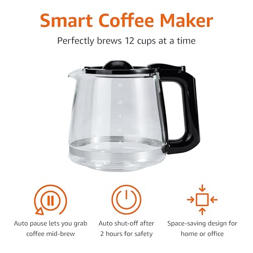 Amazon Basics 12 Cup Drip Coffee Maker, Coffee Machine with Glass Coffee Pot (1.9 Qt), Auto Shut-off, Auto Pause, Removable Filter Basket, Black & Silver