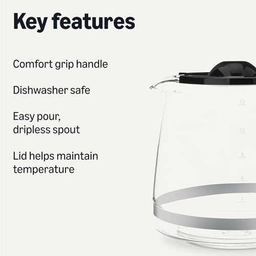 Amazon Basics 12-Cup Glass Replacement Carafe for Amazon Basics Coffee Maker B0D9QDMK9X, B0D9QGF1WX, Black