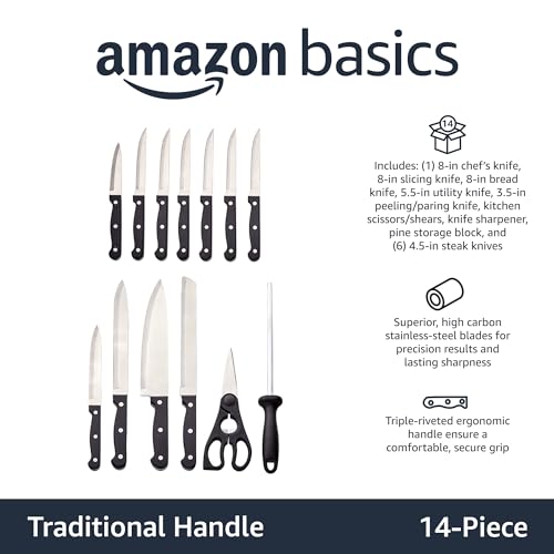 Amazon Basics 14-Piece High Carbon Stainless Steel Kitchen Knife Set with Full Tang Construction, Ergonomic Handles, Sharpener and Pinewood Block, Black view 2