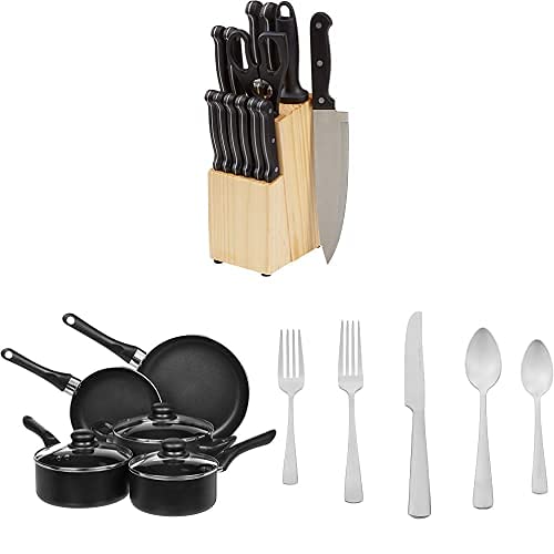 Amazon Basics 14-Piece Kitchen Knife Set with High-Carbon Stainless-Steel Blades& Non-Stick Cookware Set- 8-Piece Set & 20-Piece Stainless Steel Flatware Set with Square Edge, Service for 4