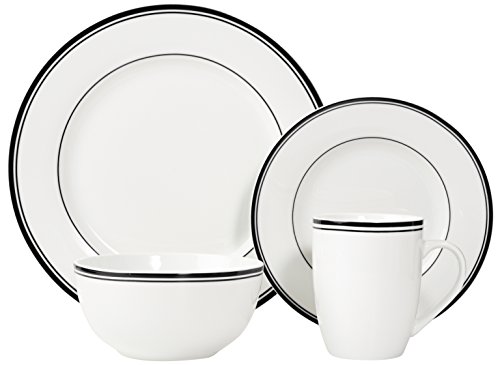 Amazon Basics 16-Piece Cafe Stripe Kitchen Dinnerware Set, Plates, Bowls, Mugs, Service for 4, Black