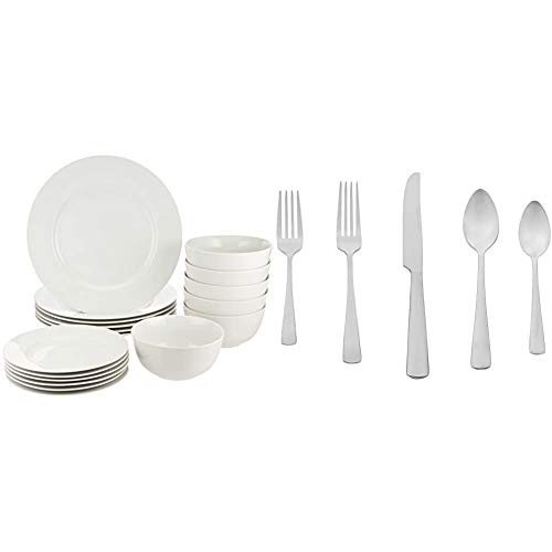 Amazon Basics 18-Piece Kitchen Dinnerware Set, Plates, Dishes, Bowls, Service for 6 - White and Amazon Basics 20-Piece Stainless Steel Flatware Set