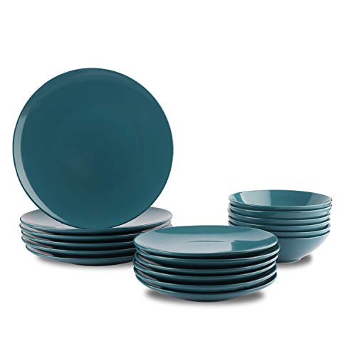 Amazon Basics 18-Piece Stoneware Dinnerware Set, Service for 6, Microwave and Dishwasher Safe, Plates and Bowls, Deep Teal
