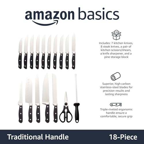 Amazon Basics 18 Pieces Premium High-Carbon Stainless Steel Blades with Pine Wood Knife Block Set,Kitchen, Black