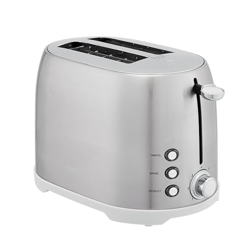 Amazon Basics 2 Slice Cool Touch Stainless Steel Toaster with 7 Browning Settings, Extra Wide Slots (for Bagels, Waffles, Specialty Breads), Removable Crumb Tray, Cancel Button, 800W, Brushed Silver