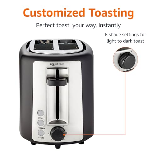 Amazon Basics 2 Slice Toaster, Extra Wide Slots for Bagels, 6 Browning Settings, Removable Crumb Tray, Defrost/Cancel/Bagel Buttons, Cord Wrap, 900W, Black & Silver view 2