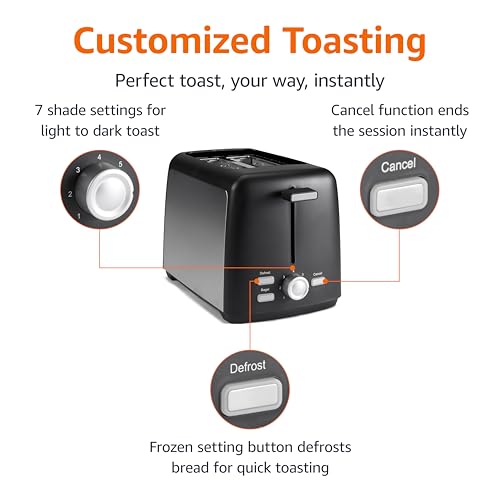 Amazon Basics 2 Slice Toaster, Extra Wide Slots for Bagels and Specialty Breads, 7 Browning Levels, Removable Crumb Tray, Defrost/Cancel/Bagel Buttons, 800W, Black & Silver view 2
