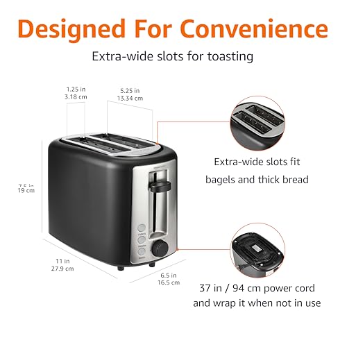 Amazon Basics 2 Slice Toaster, With 6 Browning Settings, Extra Wide Slots For Bagels and Special Breads, Removable Easy-to-Clean Crumb Tray, Cancel/Defrost/Bagel Buttons, 900W, Black & Silver