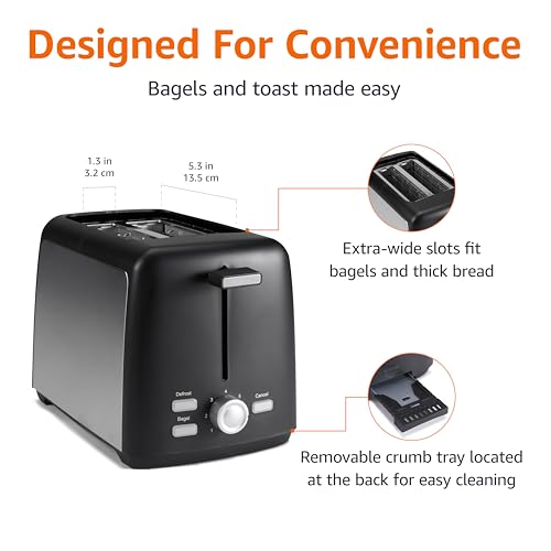 Amazon Basics 2 Slice Toaster, With 7 Browning Settings, Extra Wide Slots For Bagels and Special Breads, Removable Easy-to-Clean Crumb Trays, Cancel/Defrost/Bagel Buttons, 800W, Black & Silver