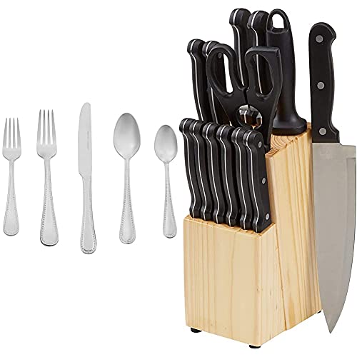 Amazon Basics 20-Piece Flatware Set with Knife Set and Wood Block