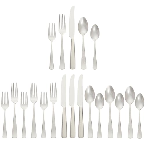 Amazon Basics 20-Piece Stainless Steel Flatware Set with Square Edge, Service for 4, Silver