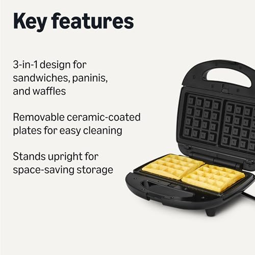 Amazon Basics 3-in-1 Sandwich Maker, Panini Press and Waffle Maker with Removable Ceramic-Coated Plates, 760W, Space-Saving Storage view 2