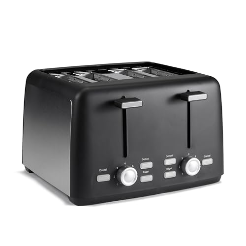 Amazon Basics 4 Slice Toaster, 7 Browning Settings, Extra Wide Slots for Bagels and Specialty Breads, Removable Crumb Tray, Cancel/Defrost/Bagel Buttons, 1500W, Black & Silver