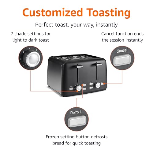 Amazon Basics 4 Slice Toaster, 7 Browning Settings, Extra Wide Slots for Bagels and Specialty Breads, Removable Crumb Tray, Cancel/Defrost/Bagel Buttons, 1500W, Black & Silver view 2