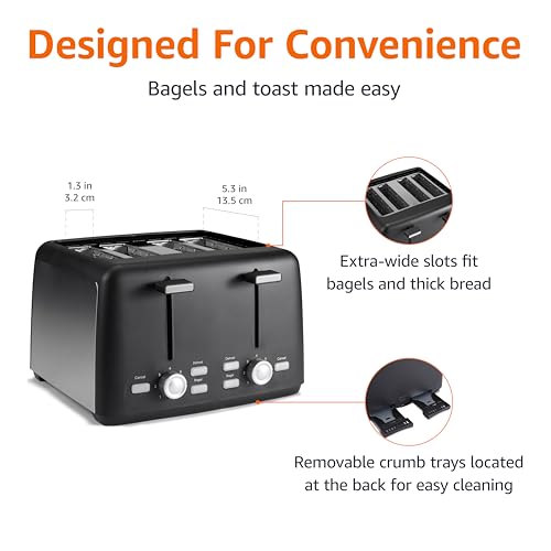 Amazon Basics 4 Slice Toaster, 7 Browning Settings, Extra Wide Slots for Bagels and Specialty Breads, Removable Crumb Tray, Cancel/Defrost/Bagel Buttons, 1500W, Black & Silver view 3