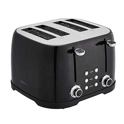 Amazon Basics 4 Slice Toaster with 4 Slots, 6 Browning Settings, Defrost, Removable Crumb Tray, Bagel Function, Cancel Button, 1600W, Black