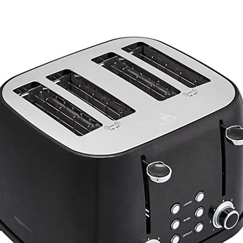Amazon Basics 4 Slice Toaster with 4 Slots, 6 Browning Settings, Defrost, Removable Crumb Tray, Bagel Function, Cancel Button, 1600W, Black view 2