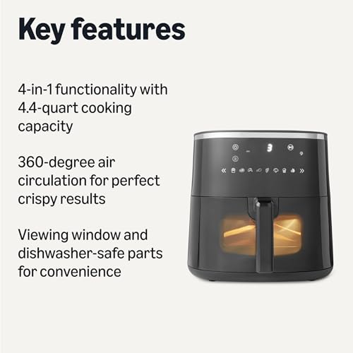 Amazon Basics 4.4-Quart Air Fryer with Easy View Window, 8 Preset Menus, 1400W, Black view 2