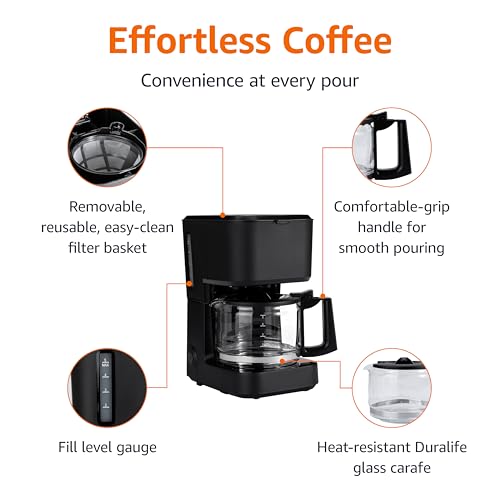 Amazon Basics 5 Cup Drip Coffee Maker with Glass Coffee Pot (0.8 Qt), Auto Shut-off, Auto Pause, Removable Filter Basket, Matte Black view 2