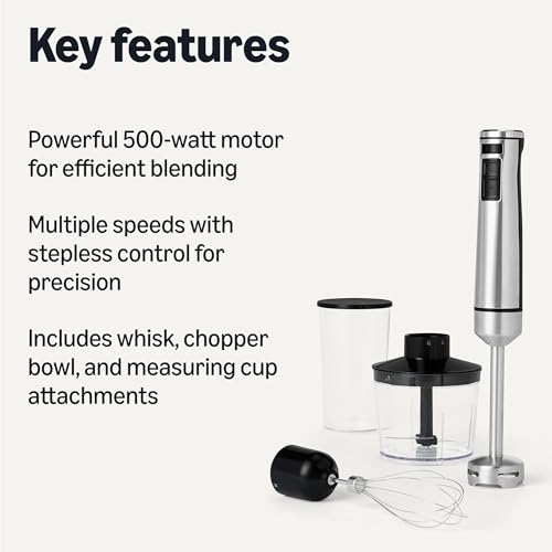 Amazon Basics 500 Watt Multi-Speed Immersion Hand Blender with Attachments, Corded, Silver view 2