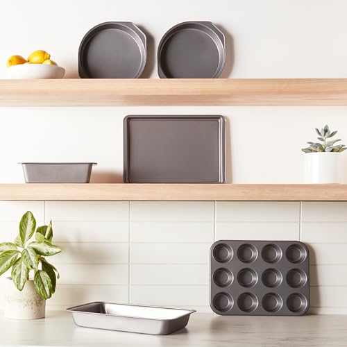 Amazon Basics 6 Piece Nonstick, Carbon Steel Oven Safe Bakeware Set with Cake, Muffin, Cookie, and Loaf Pans, 6 Piece, 16.25 x 11.75 x 6.25 inches