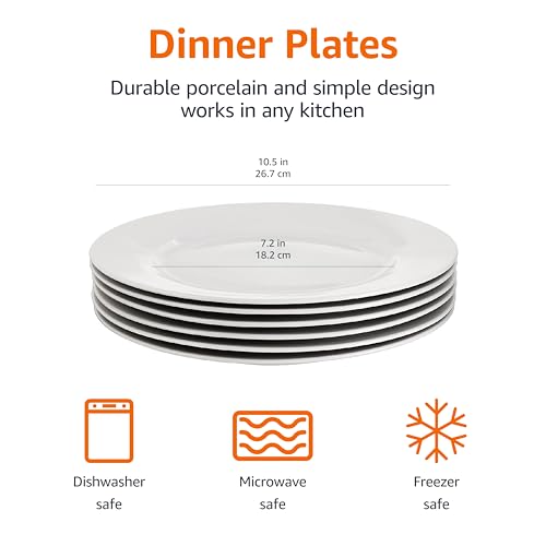 Amazon Basics 6-Piece White Dinner Plate Set, 10.5 inches