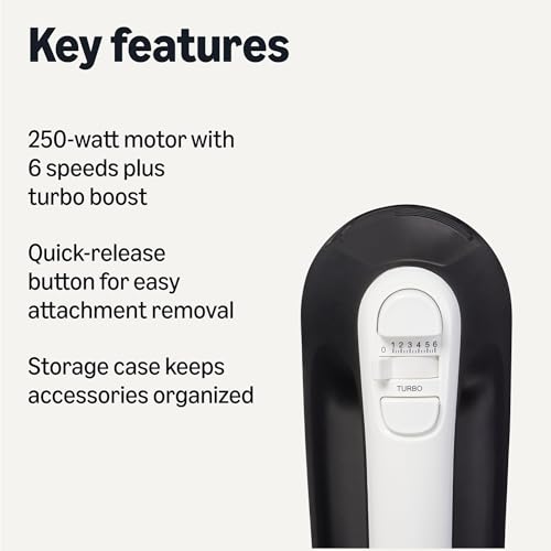 Amazon Basics 6-Speed Electric Hand Mixer with Turbo and Stainless Steel Whisk, Snap-On Storage Case, 250 Watts, Black view 2