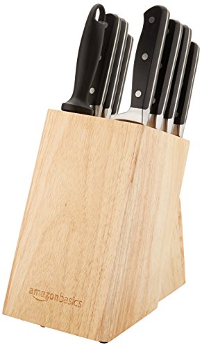 Amazon Basics 9-Piece High-Carbon Stainless Steel Kitchen Knife Set with Ergonomic Handles, Full Tang Construction, Pine Wood Block, Black view 3