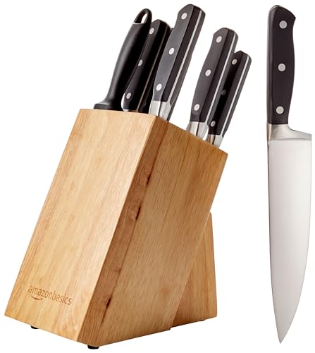 Amazon Basics 9 Pieces Premium High-Carbon Stainless-Steel Blades with Pine Wood Knife Block Set, Kitchen, Black