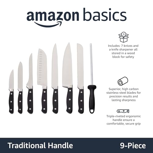 Amazon Basics 9 Pieces Premium High-Carbon Stainless-Steel Blades with Pine Wood Knife Block Set, Kitchen, Black