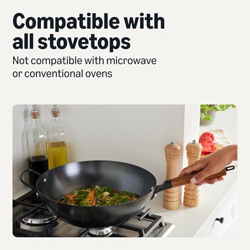 Amazon Basics Carbon Steel Pre-Seasoned Wok, All Cooktop Friendly, 12.6 in. view 3