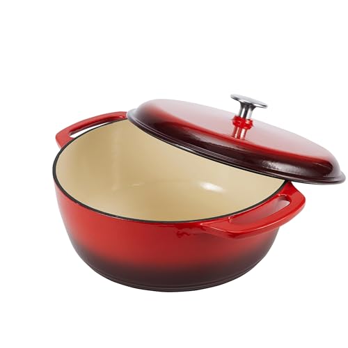 Amazon Basics Cast Iron Dutch Oven Pot with Lid, Enameled, Round, Dual Handles, Heavy-Duty, Large, 7.3-Quart, Red
