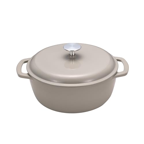 Amazon Basics Cast Iron Dutch Oven Pot with Lid, Enameled, Dual Handles, Round, Heavy-Duty, Small, 4.3-Quart, Linen Gray