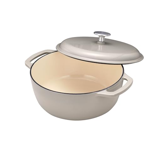 Amazon Basics Cast Iron Dutch Oven Pot with Lid, Enameled, Dual Handles, Round, Heavy-Duty, Small, 4.3-Quart, Linen Gray view 2