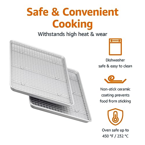 Amazon Basics Ceramic Nonstick Baking Sheets & Cooling Rack Set, Non-Toxic, Half Sheet Size, 2-Pack, Gray
