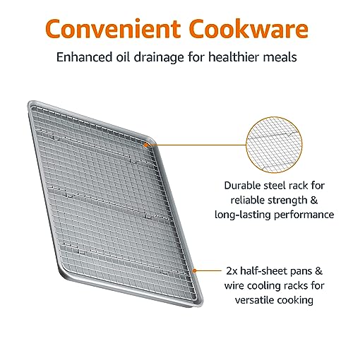 Amazon Basics Ceramic Nonstick Baking Sheets & Cooling Rack Set, Non-Toxic, Half Sheet Size, 2-Pack, Gray