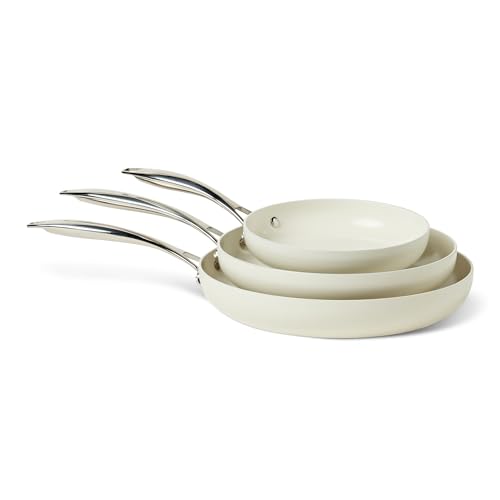 Amazon Basics Ceramic Nonstick Cookware, 3-Piece Frying Pan Set, All Cooktop Induction Compatible, Dishwasher-Safe, Oven-Safe, Ivory