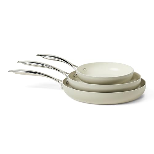 Amazon Basics Ceramic Nonstick Cookware, 3-Piece Set of Frying Pans, All Cooktop Induction Compatible, Dishwasher-Safe, Oven-Safe, Linen Gray