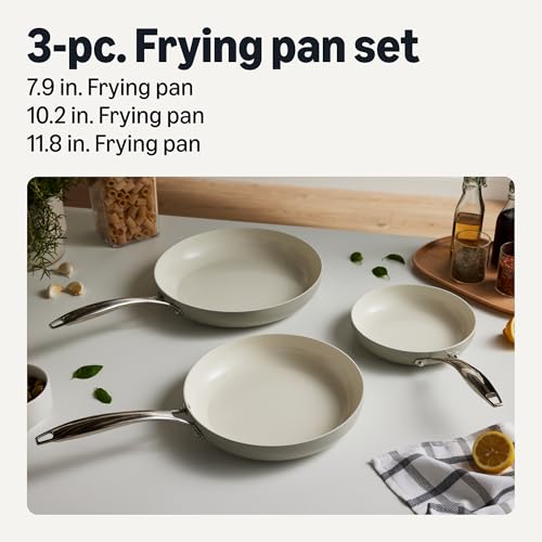 Amazon Basics Ceramic Nonstick Cookware, 3-Piece Set of Frying Pans, All Cooktop Induction Compatible, Dishwasher-Safe, Oven-Safe, Linen Gray view 2